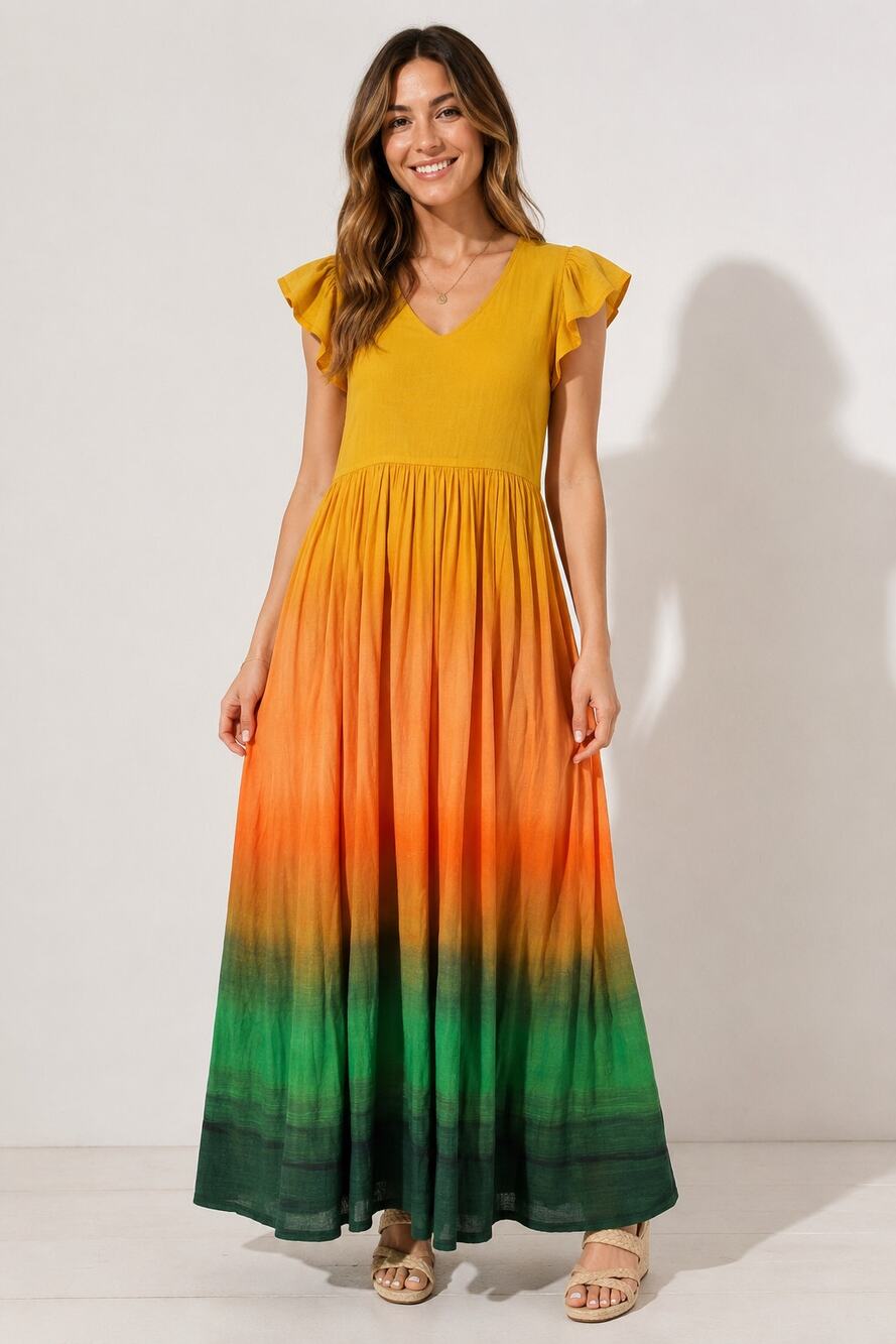 Briton Court Jenny Ombre Dip Dye Maxi Dress Womens Size XS Yellow Green New
